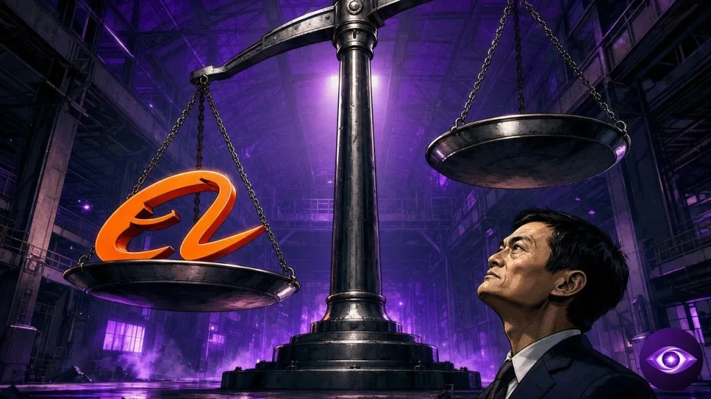 Qwen 3.8 pesé sur une balance géante face au logo Alibaba orange dans un hall industriel