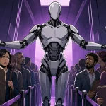 AI hiring bias shown as a robot sorting job candidates into separate lanes before an alarmed HR manager