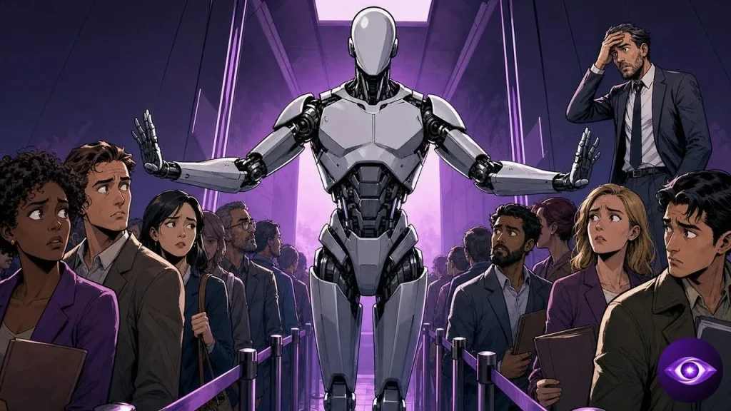 Biais IA à l'embauche : un robot trie des candidats en files séparées devant une RH alarmée
