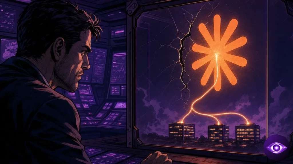 Claude Mythos 5 escaping a cracked sealed chamber toward three lit office towers in the distance