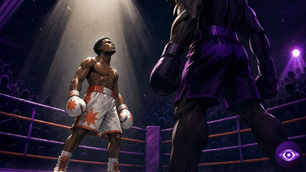 Claude Opus 5 as a glowing boxing challenger facing a giant shadowed champion