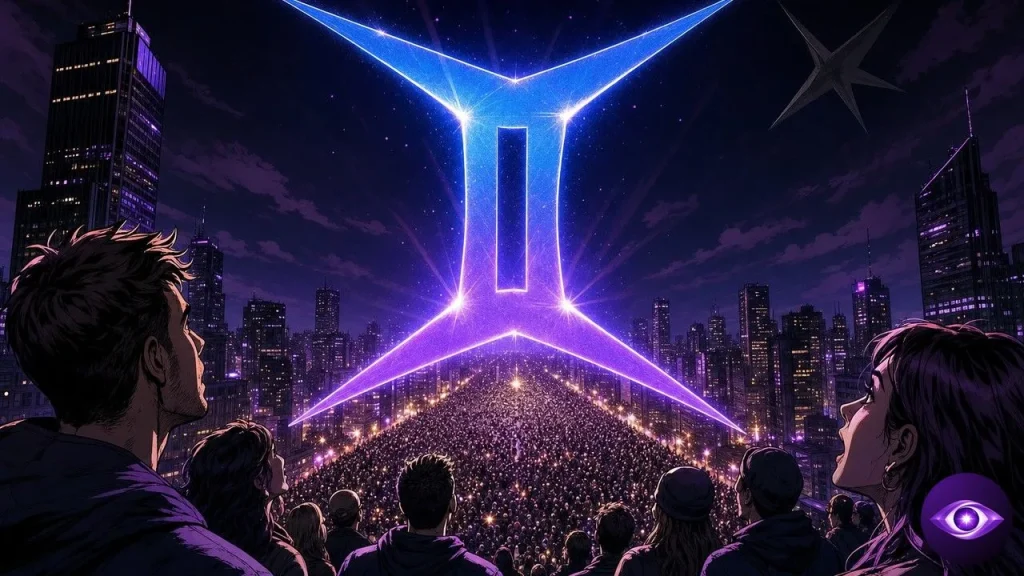 Giant blue-purple Gemini star towering over a massive nighttime crowd of users