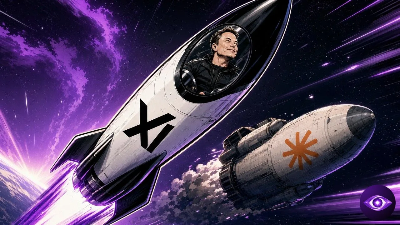 Grok 4.5 rocket ship overtaking a Claude Opus cargo shuttle in a dynamic race through space