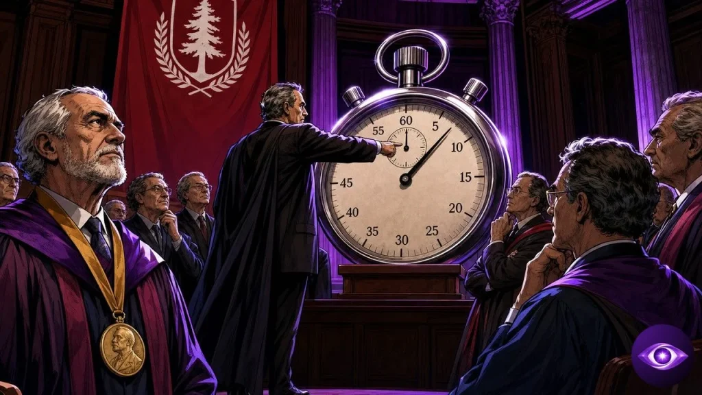 Assemblée de prix Nobel en économie face à un chronomètre géant sur fond de courbe IA ascendante