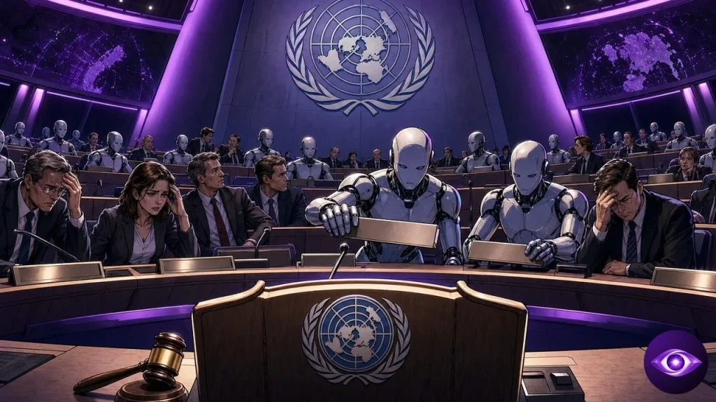Cols blancs en costume remplacés par des agents IA dans un hémicycle de l'ONU