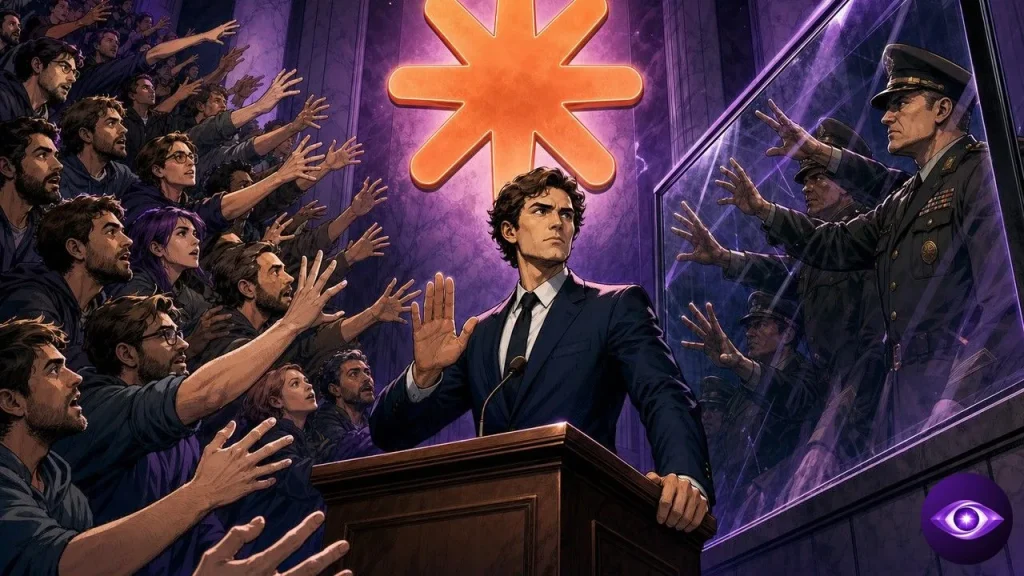 A tech leader at a podium shields the Anthropic Claude emblem between a crowd of developers and uniformed figures
