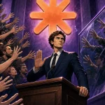 A tech leader at a podium shields the Anthropic Claude emblem between a crowd of developers and uniformed figures