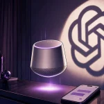OpenAI screenless AI speaker moving through a modern living room bathed in red comic light