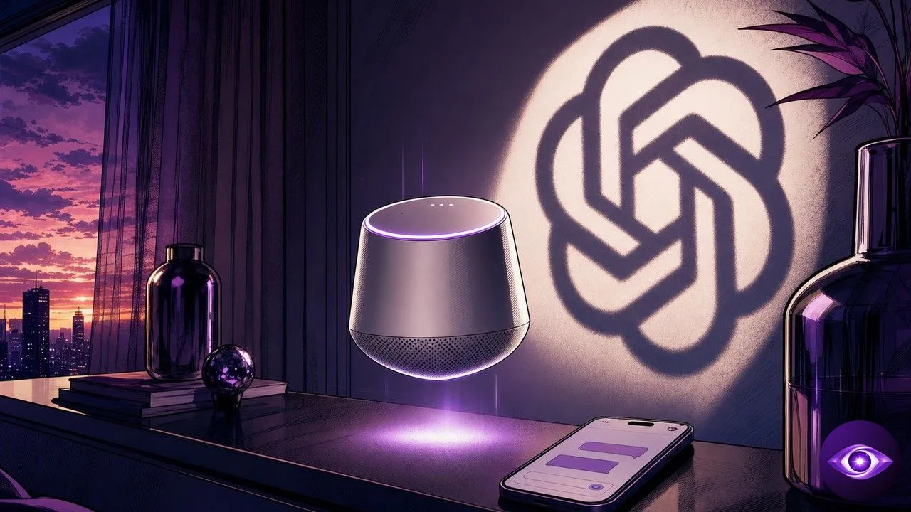 OpenAI dévoile un haut-parleur IA mobile dans un salon domestique moderne baigné de rouge