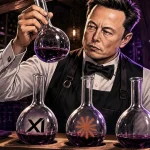 Grok 4.5 Test tasting scene with Musk sommelier evaluating xAI and Claude Opus flasks on wooden table