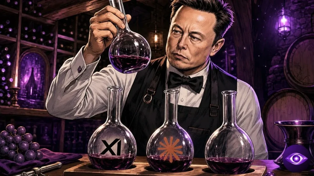 Test Grok 4.5 en dégustation par Musk sommelier avec fioles xAI et Claude Opus sur table en bois