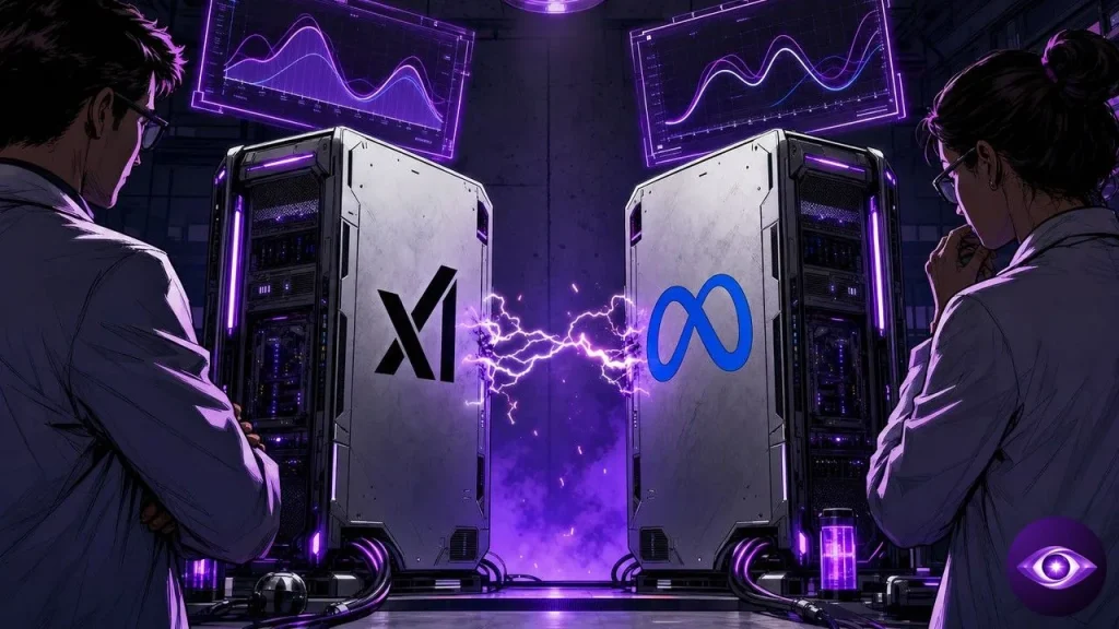 Test Grok 4.5 vs Muse Spark 1.1 en duel côte à côte sur un banc de benchmark avec écrans de scores