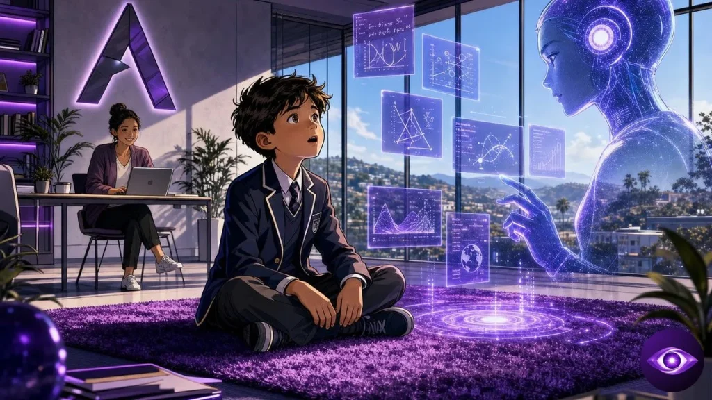 Alpha School élève enfant devant hologramme d'IA dans une salle de classe design Silicon Valley