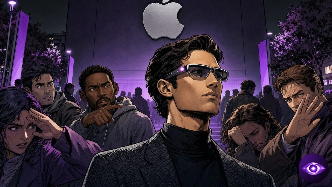 Une personne porte des lunettes connectées dans une foule méfiante, le logo Apple en surplomb