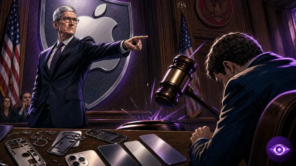 Apple Tim Cook sues OpenAI in federal courtroom with iPhone parts and metallic finish samples on defendant desk