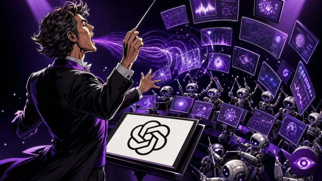 ChatGPT Voice as a conductor directing a swarm of floating screens and robotic agents
