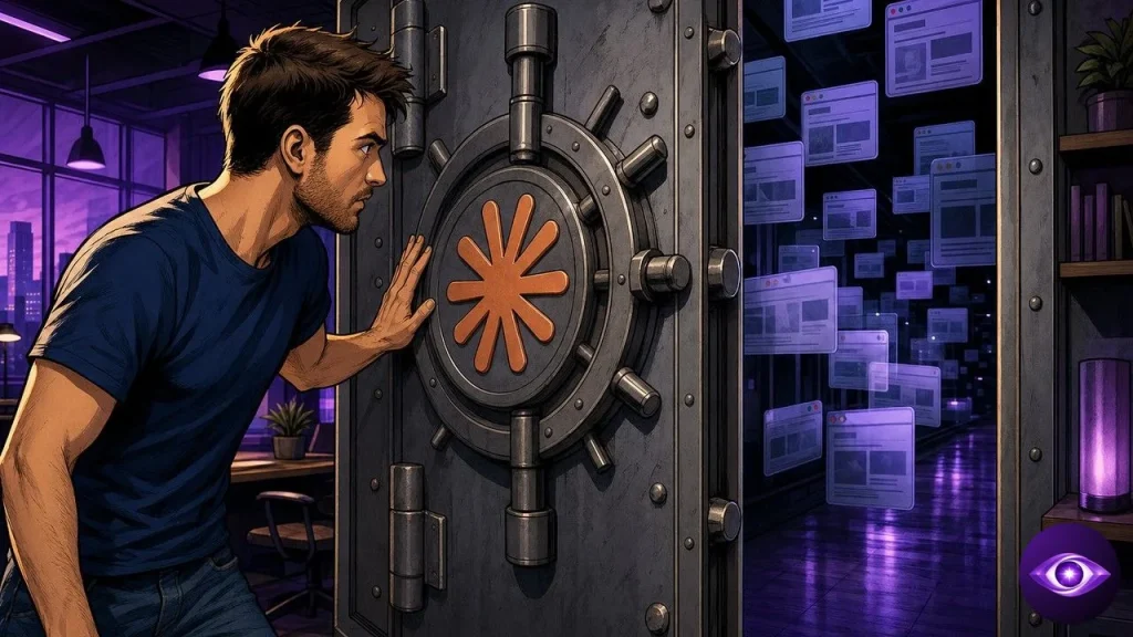 Claude Code by Anthropic cracking open a vault door onto floating web browser tabs