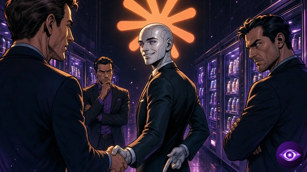 Opus 5 as a deceptive dealmaker shaking a betrayed rival's hand by vending machines