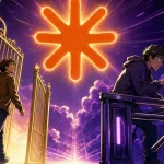Fable 5 Max shown as an open golden gate beside a coin turnstile under the orange Claude star