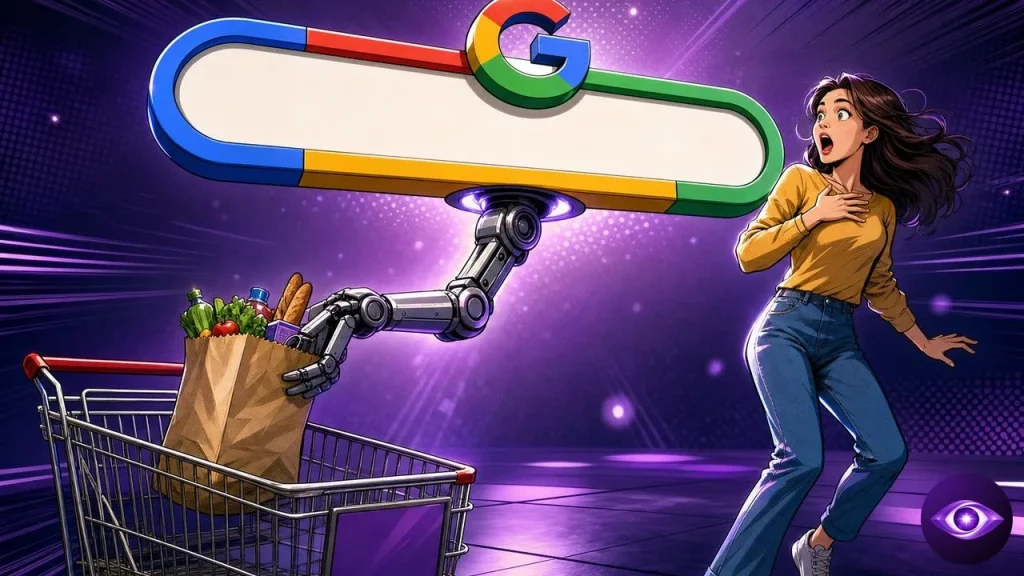 Google AI Mode extends a robotic arm filling a shopping cart with groceries
