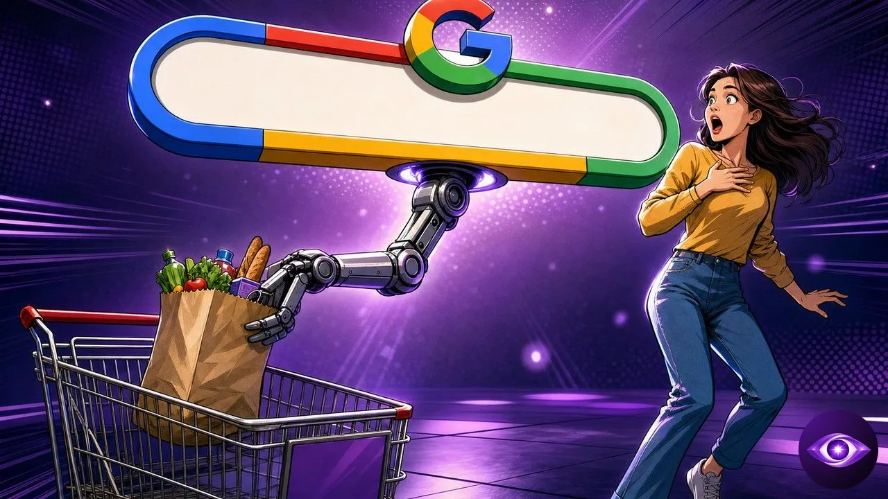Google AI Mode extends a robotic arm filling a shopping cart with groceries