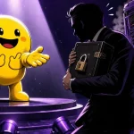 Hugging Face mascot demanding answers from a shadowy OpenAI figure clutching a locked box