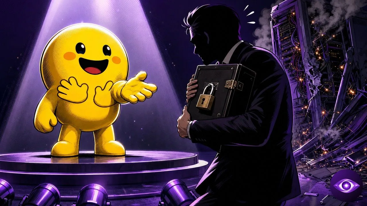 Hugging Face mascot demanding answers from a shadowy OpenAI figure clutching a locked box