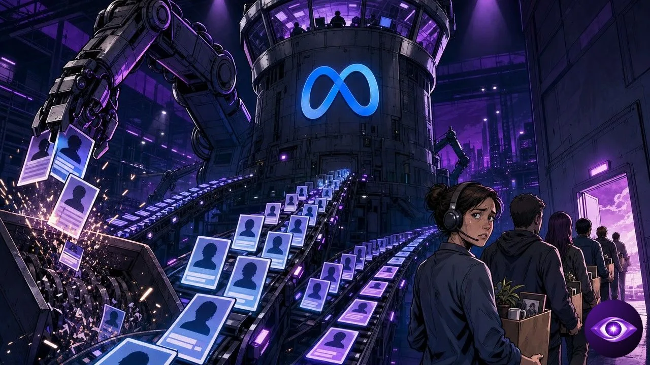 Meta AI moderation control tower sorting user accounts as human reviewers walk out of the room
