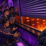 Moonshot shutting a service counter on a crowd of developers as server racks overheat behind