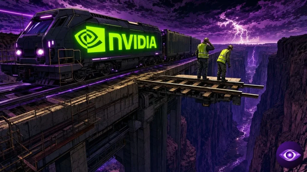 Nvidia Pushes New AI Rack to 2028 over an unfinished railway bridge in a stormy canyon