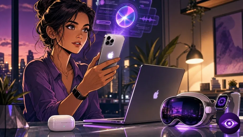 Siri iOS 27 lit un iPhone entouré de Mac Apple Watch et Vision Pro sur un bureau