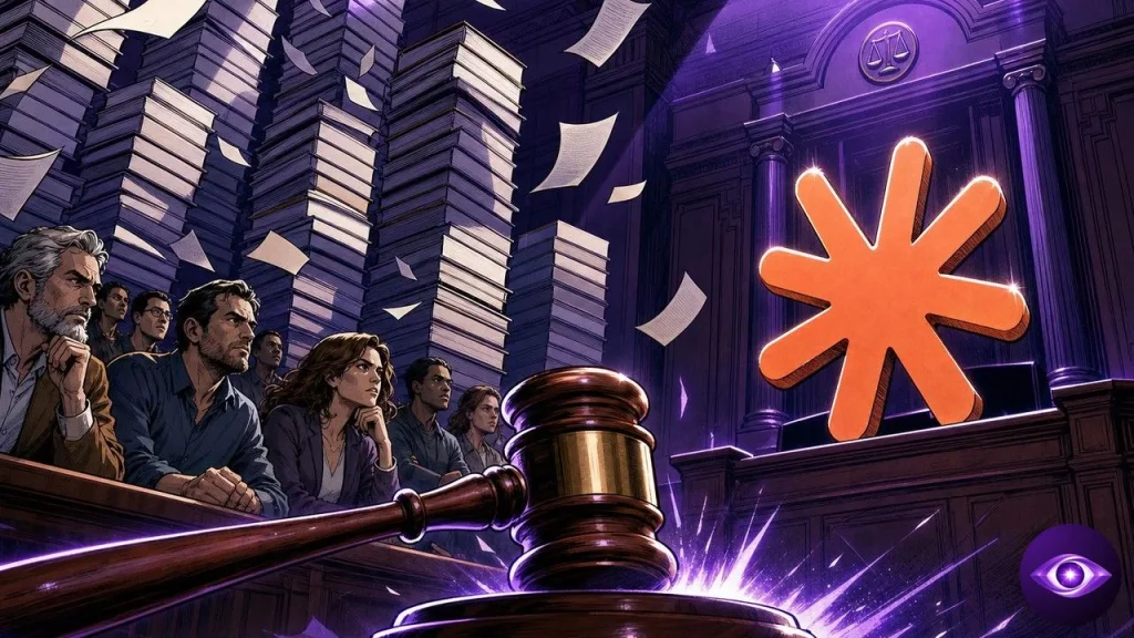 Anthropic on trial, the Claude logo facing towering stacks of pirated books