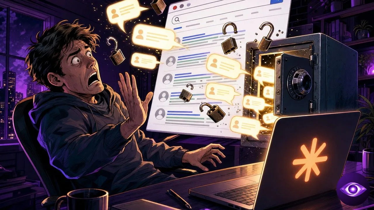 Des bulles de conversation Claude s'échappent d'un coffre entrouvert vers une page de résultats de recherche