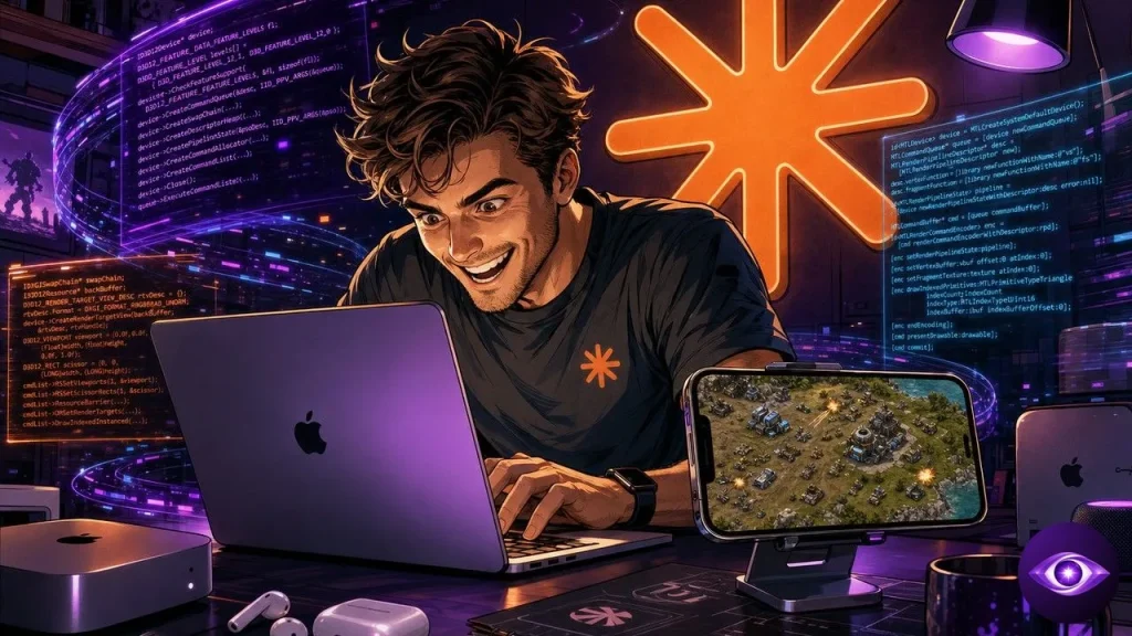 Command & Conquer iOS developer with iPhone Claude Code and holographic code projections on desk