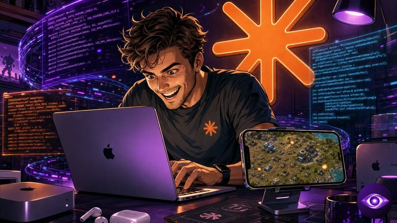 Command & Conquer iOS developer with iPhone Claude Code and holographic code projections on desk