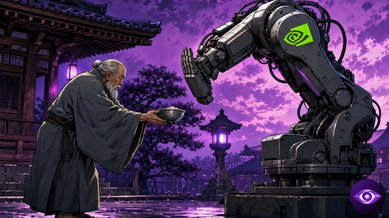 AI robots facing a monk in a Japanese temple, robotic arm bearing the green Nvidia logo