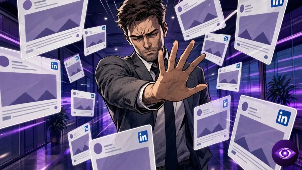LinkedIn flooded with AI posts pushed back by a worn corporate employee in a modern hallway