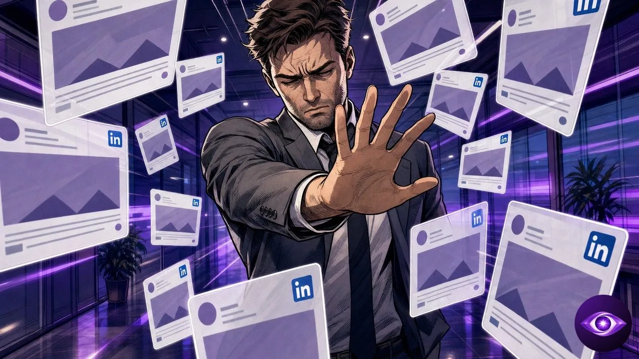 LinkedIn flooded with AI posts pushed back by a worn corporate employee in a modern hallway