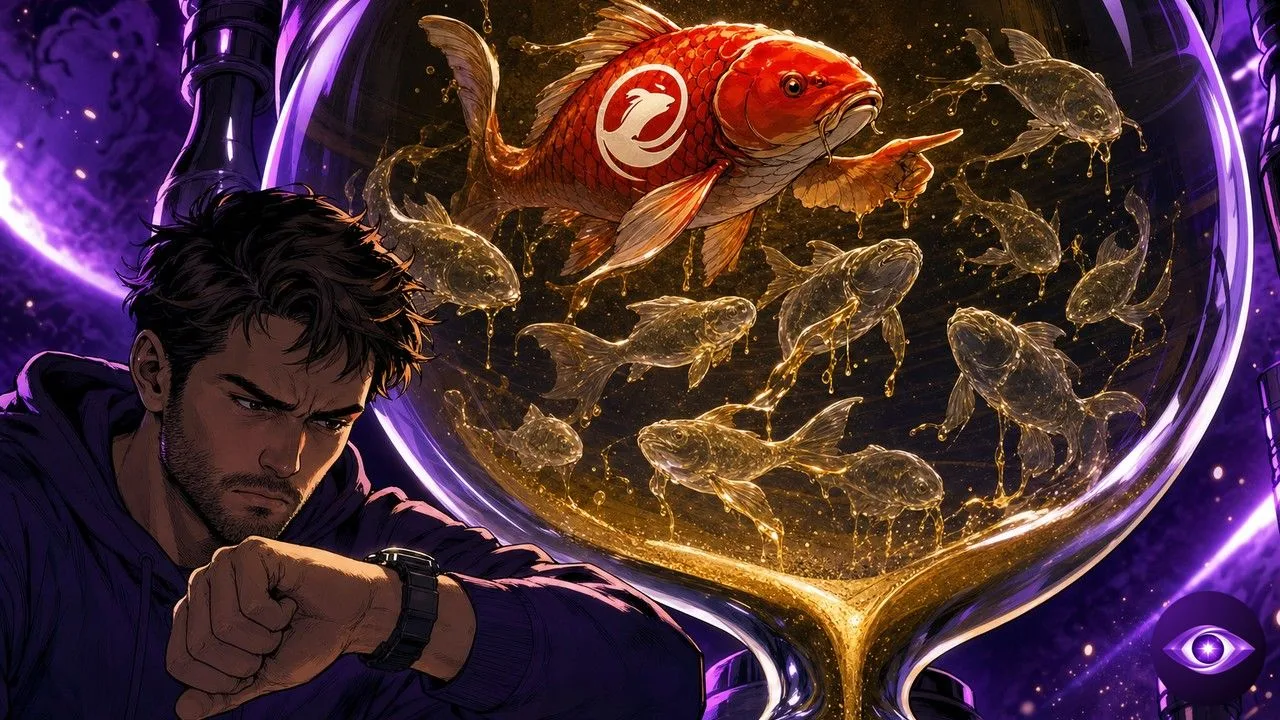 Sakana Fugu en koï rouge dirigeant un banc de poissons au ralenti dans un sablier