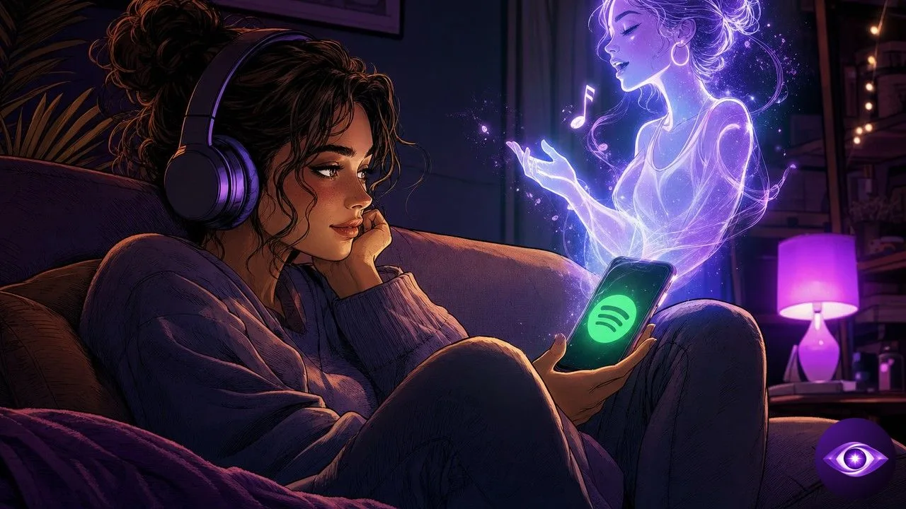 Spotify Premium conversational assistant listened to by a focused user wearing headphones