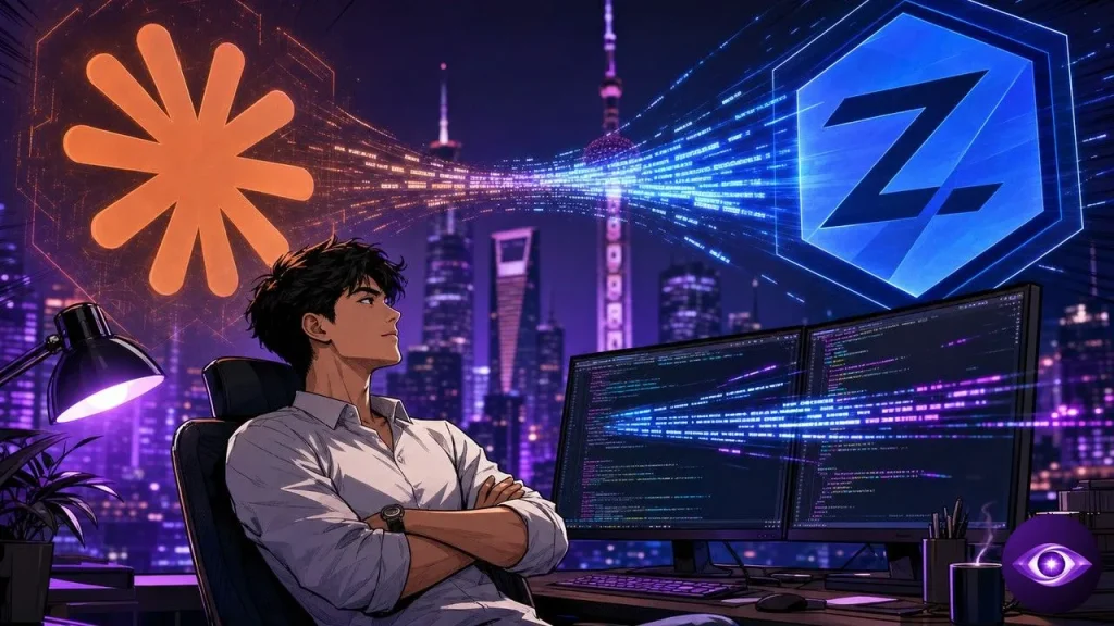Zhipu developer watches a face-off between Claude and ZCode logos with Beijing skyline in the background
