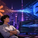 Zhipu developer watches a face-off between Claude and ZCode logos with Beijing skyline in the background