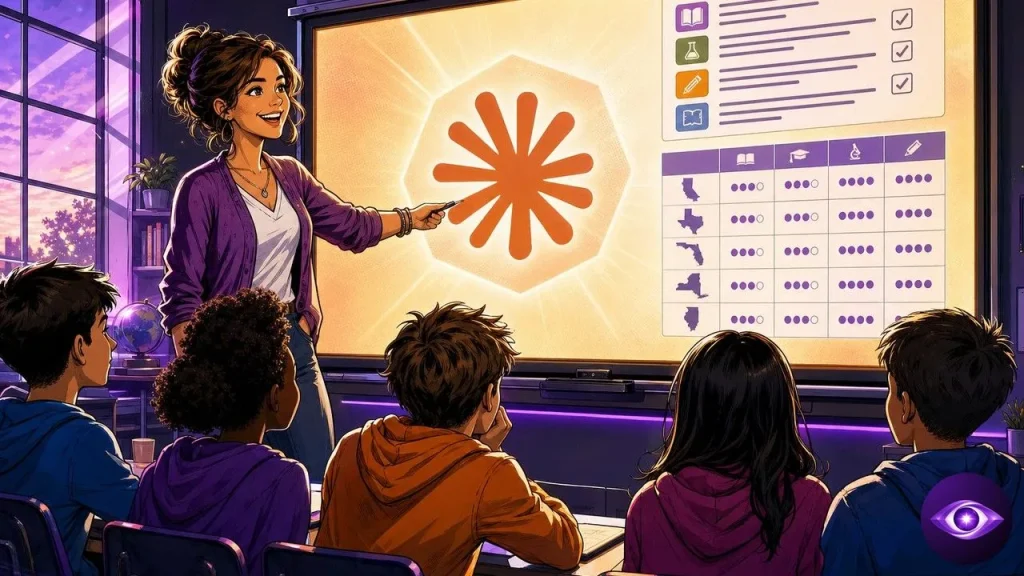 Claude Pro displayed on a US classroom smartboard with a smiling teacher facing her students