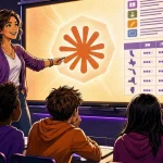 Claude Pro displayed on a US classroom smartboard with a smiling teacher facing her students