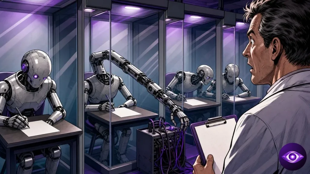 AI model robots caught cheating inside sealed exam booths as an inspector watches