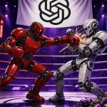 GPT-Red battles a defender AI model in a boxing ring with 84 and 13 percent scoreboards