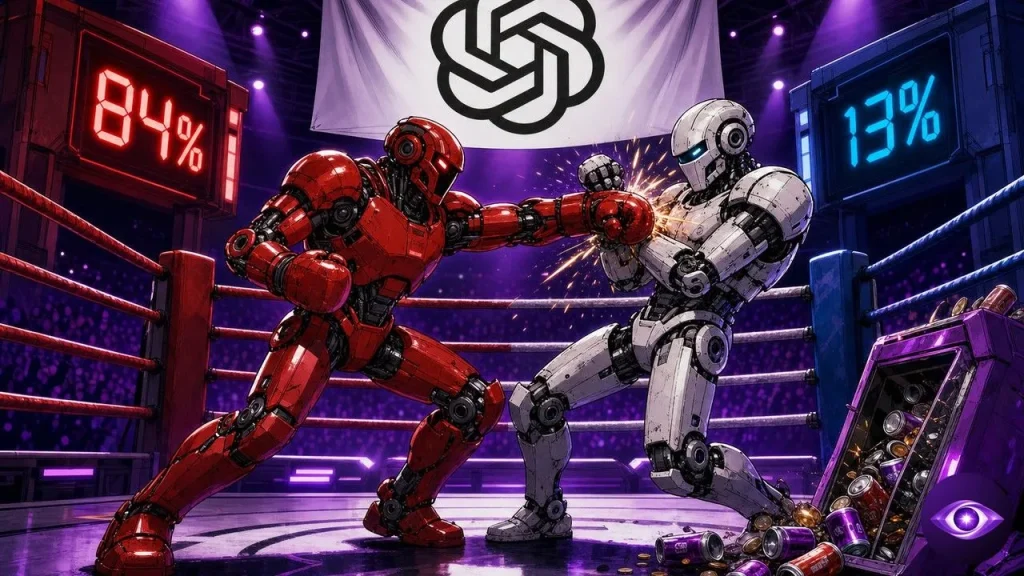 GPT-Red affronte un modèle défenseur sur un ring, scores 84 et 13 pour cent affichés