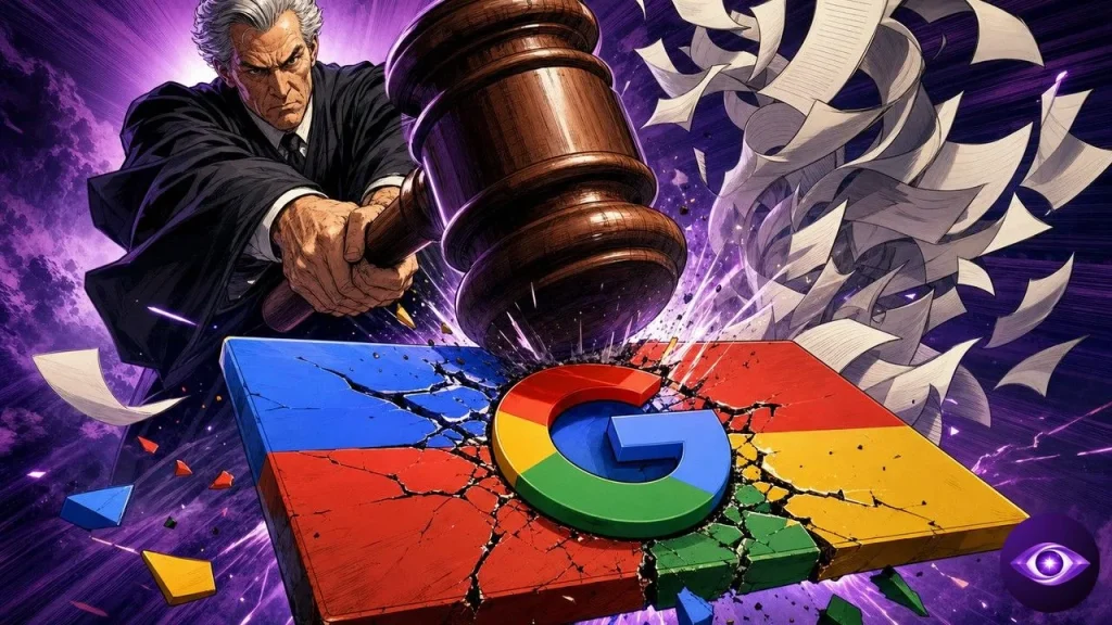AI Overviews panel struck by a judge's gavel as newspapers rise behind