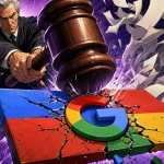 AI Overviews panel struck by a judge's gavel as newspapers rise behind