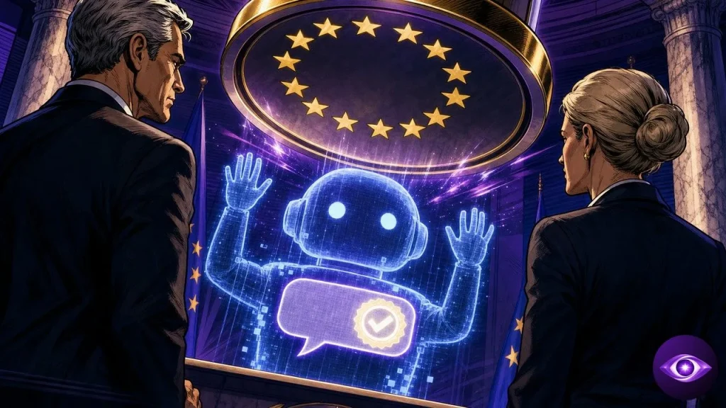 AI Act : un sceau aux douze étoiles de l'UE s'abat sur un chatbot holographique face à deux régulateurs